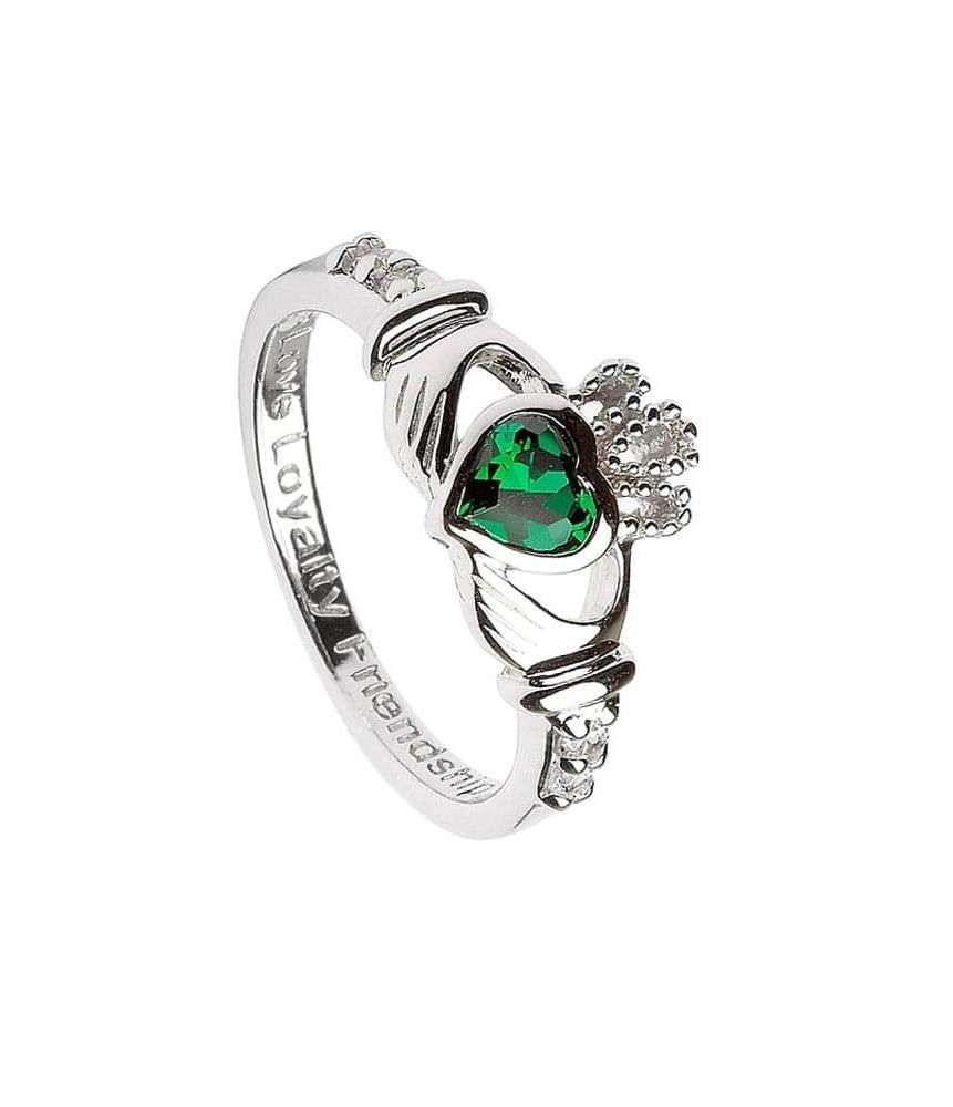 Silver May Claddagh Ring with Emerald CZ | Celtic Rings Ltd